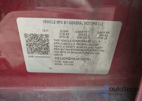 2018 Chevrolet Sonic Lt Auto из США, поврежденный, VIN 1G1JD5SH9J4108791